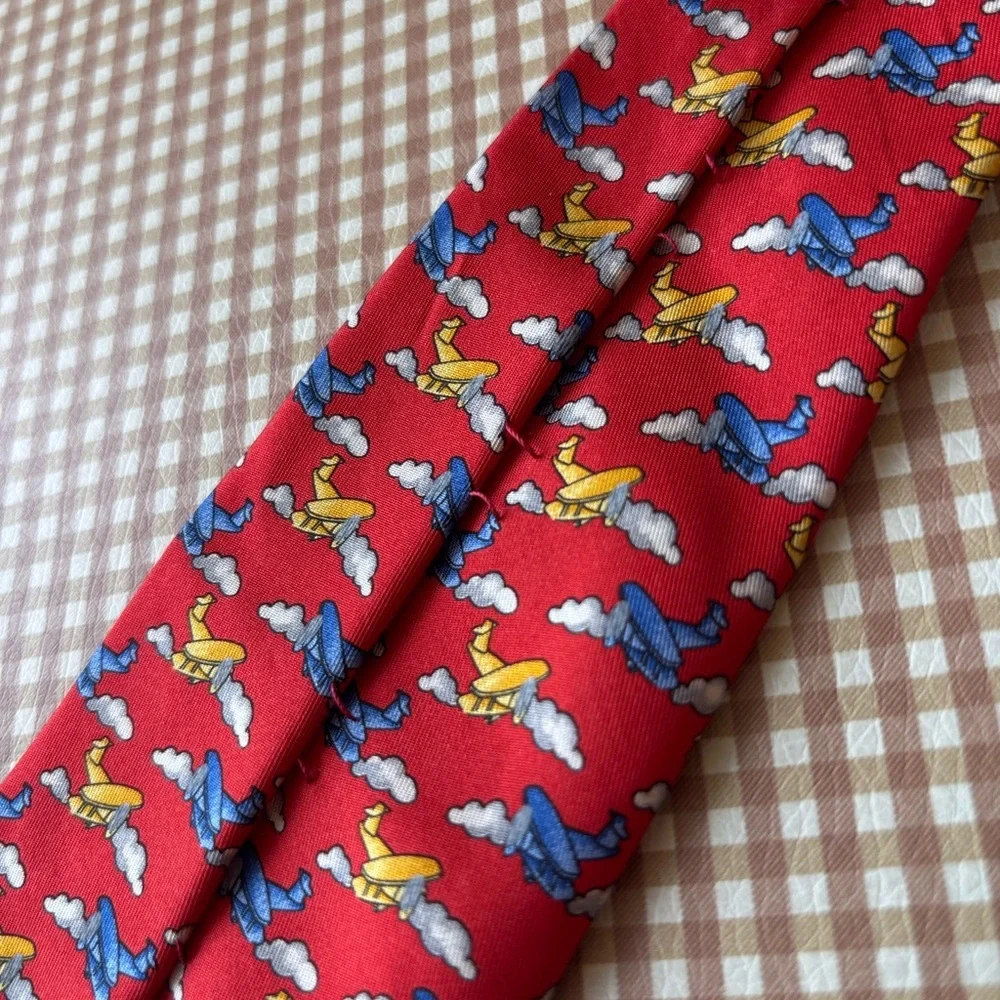 Robert Talbott Silk Print Tie - Airplanes red. Hand‎ sewn Made in USA. Classic